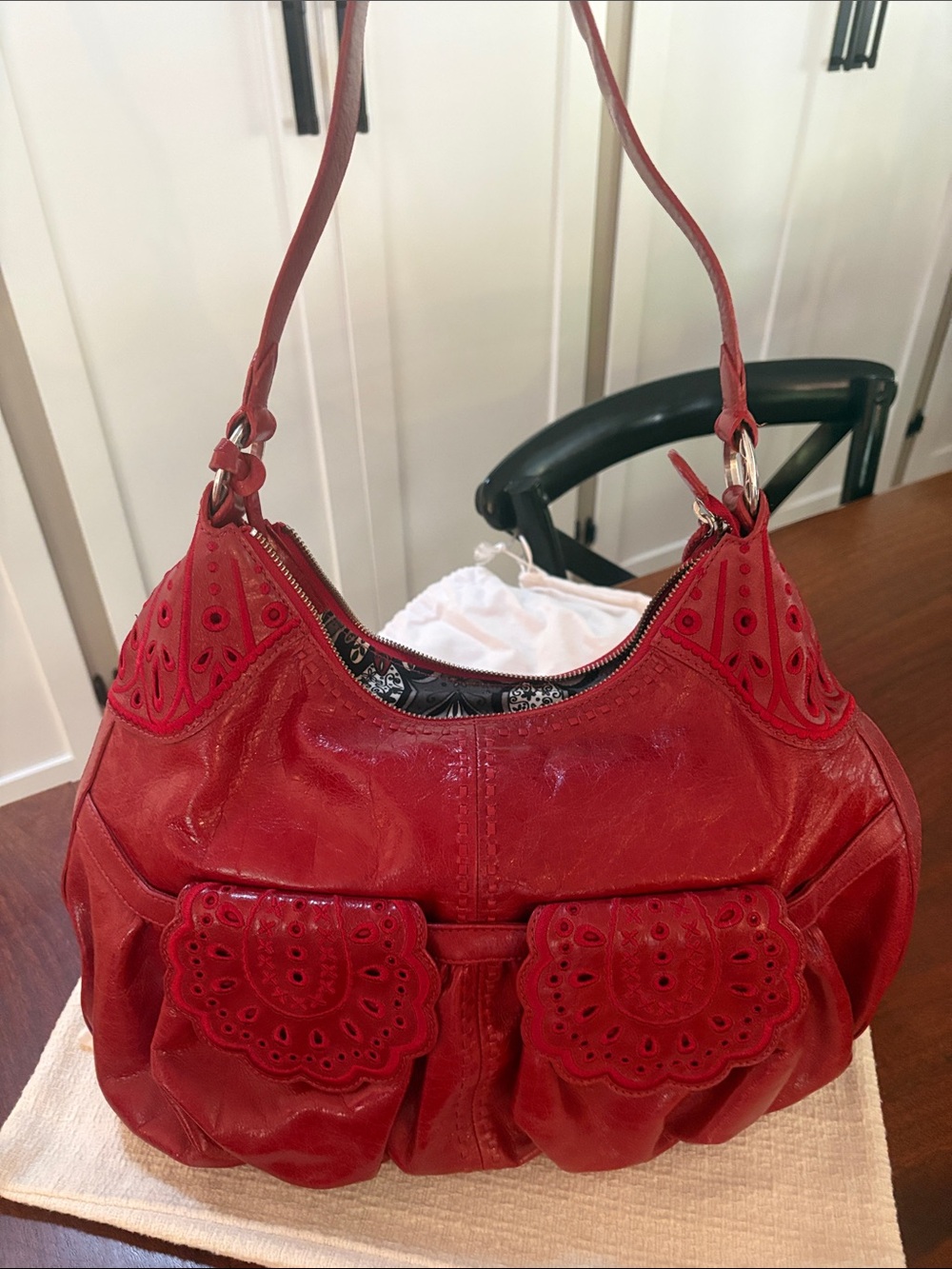 Brighton Red Leather Shoulder Bag with Scalloped Front Pockets